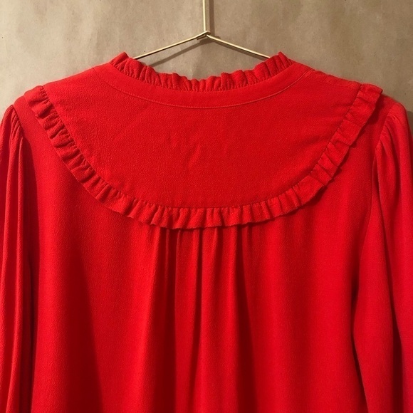 ba&sh | Thalgo Ruffle Yoke Plunging V-Neck Popover Top in Grenadine Red Size M - Picture 11 of 16